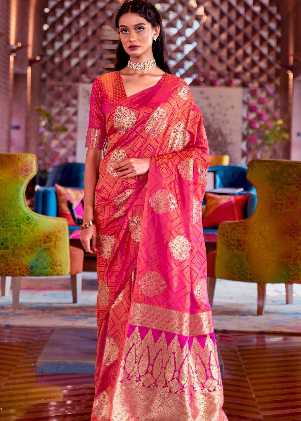 Brink Pink Satin Silk Saree with overall Golden Butti - Colorful Saree