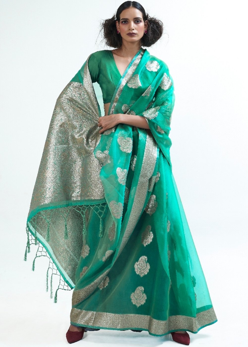 Jade Green Designer Woven Organza Silk Saree - Colorful Saree