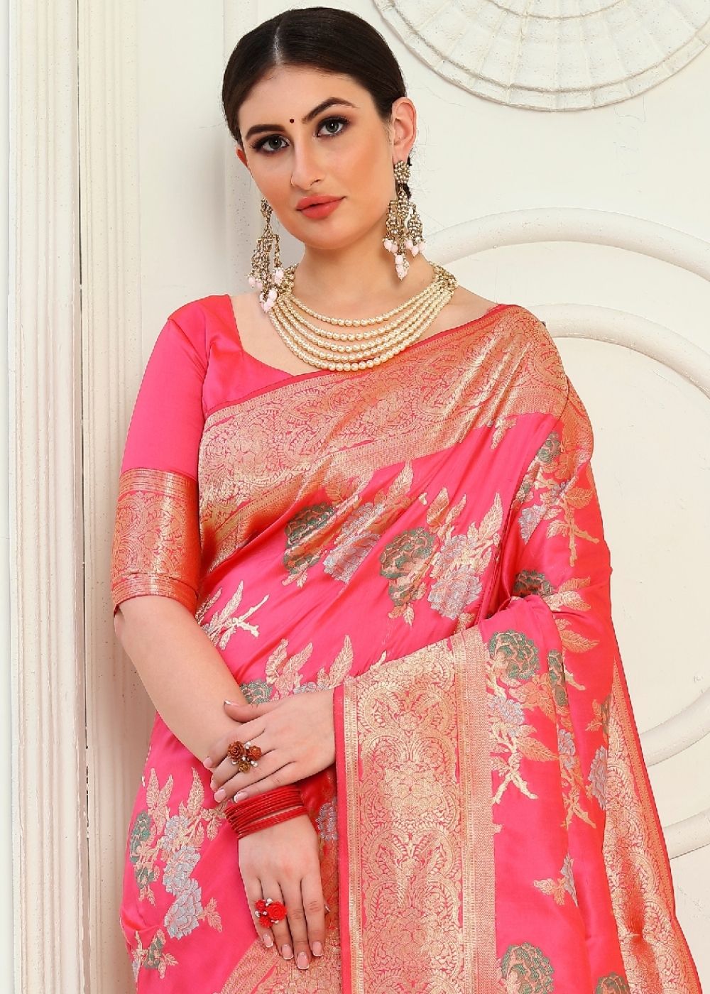 Strawberry Pink Zari Woven Banarasi Silk Saree - Colorful Saree