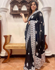 Black Georgette Saree with Beautiful Lucknowi Work and Silk Blouse for Wedding - Colorful Saree