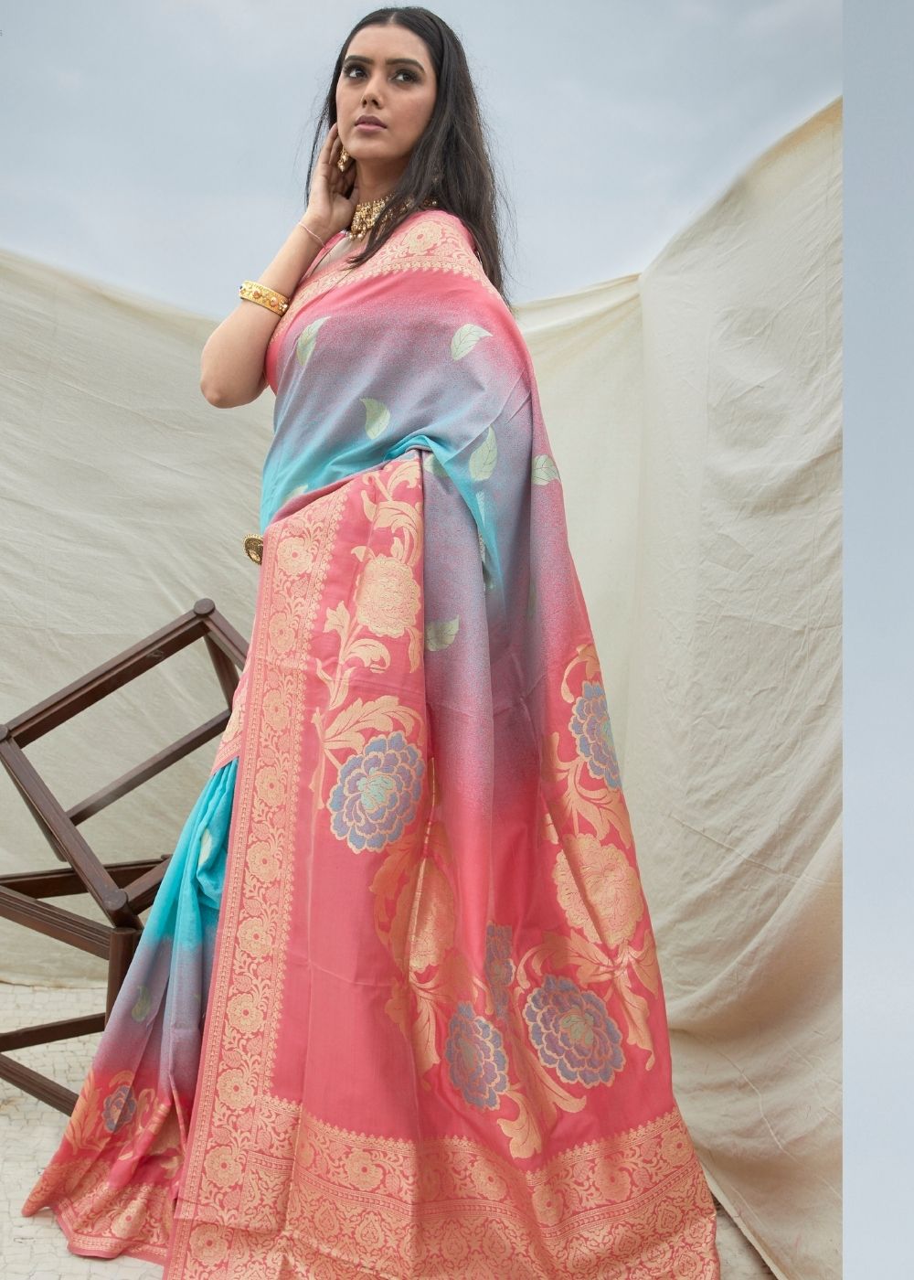 Pink and Blue Handloom Weaving Silk Saree - Colorful Saree