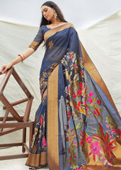 Navy Blue and Grey Handloom Woven Silk Saree - Colorful Saree