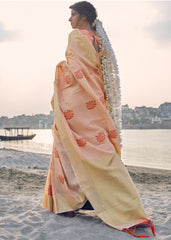 Salmon Pink Linen Silk Saree with Zari Woven Butti overall - Colorful Saree
