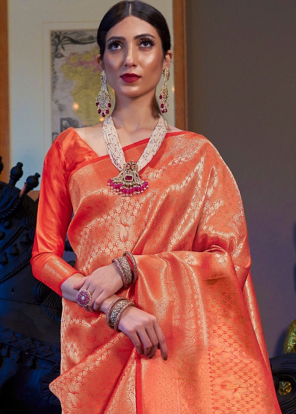 Golden Orange Kanjivaram Soft Woven Silk Saree - Colorful Saree