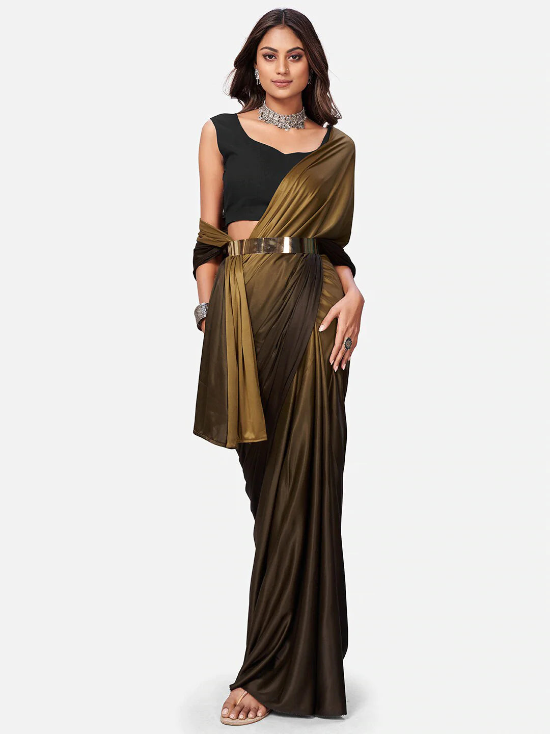 Gold Color Ready to wear Lycra saree with Metal Belt - Colorful Saree