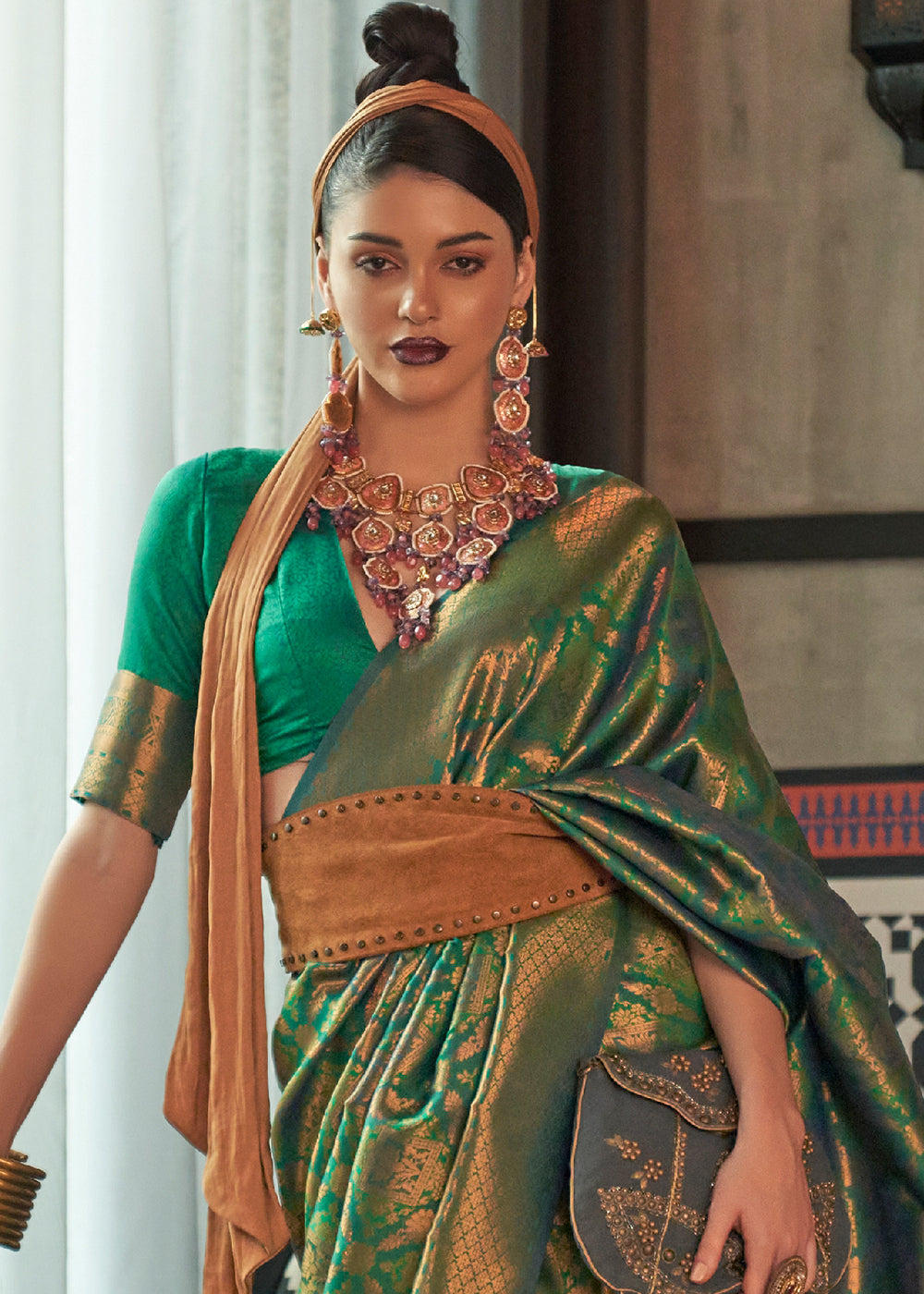 Viridian Green Two Tone Handloom Weaving Banarasi Silk Saree - Colorful Saree