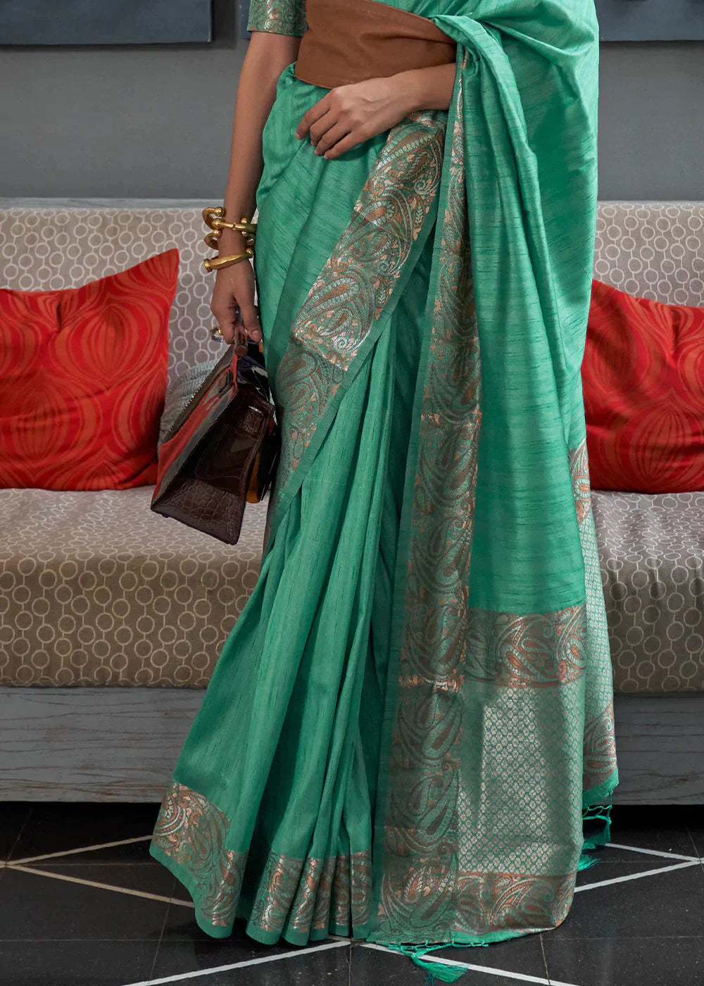 Dark Topaz Green Copper Zari Handloom Weaving Tussar Silk Saree - Colorful Saree