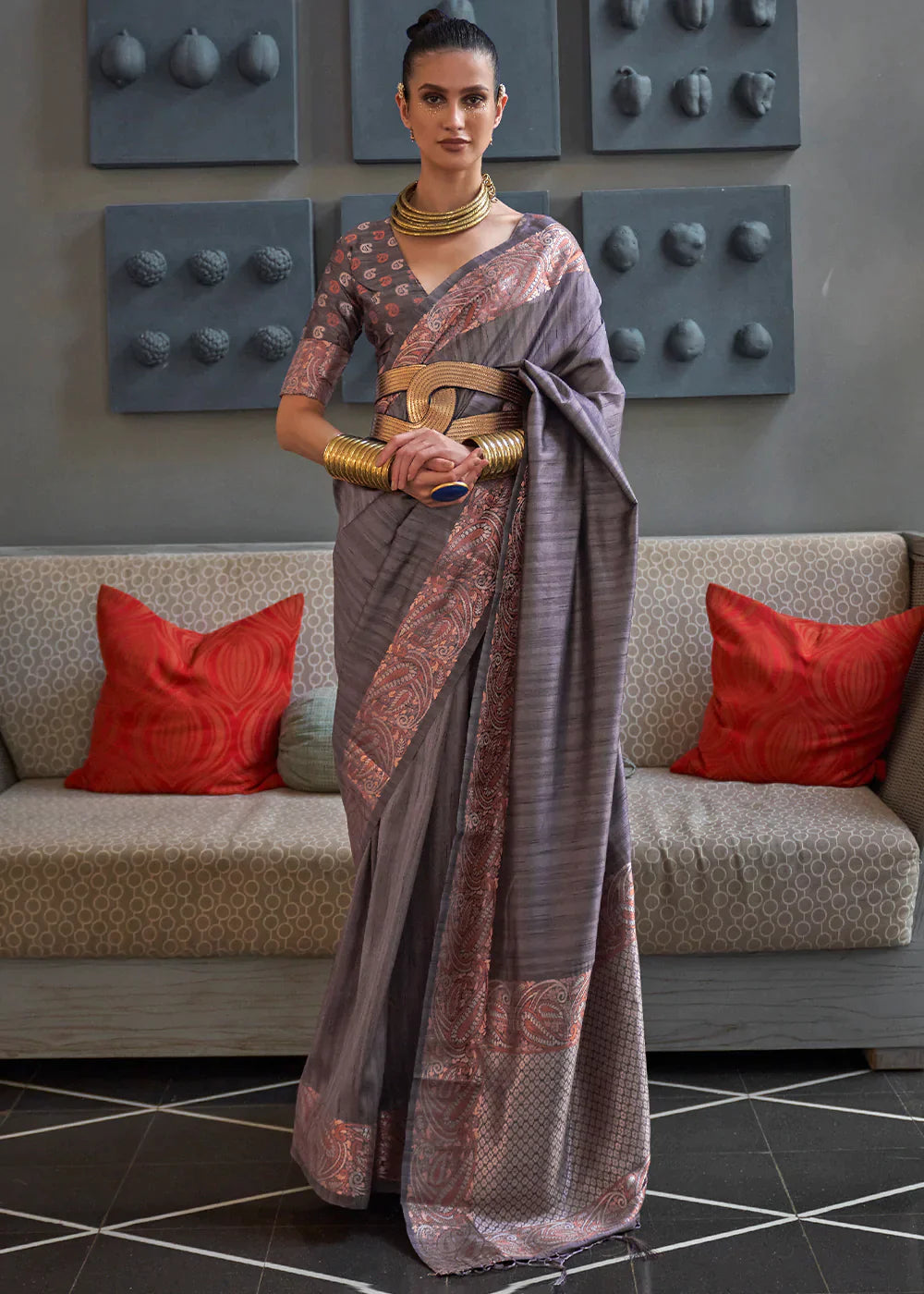 Stormy Grey Copper Zari Handloom Weaving Tussar Silk Saree - Colorful Saree