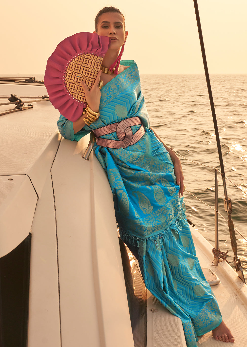 Cerulean Blue Two Tone Designer Satin Silk Saree - Colorful Saree