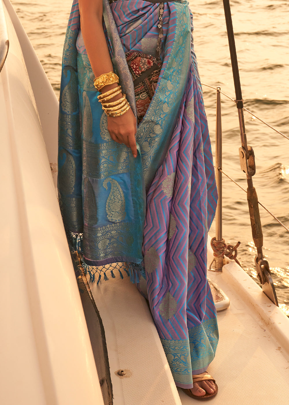 Purple & Blue Two Tone Designer Satin Silk Saree - Colorful Saree