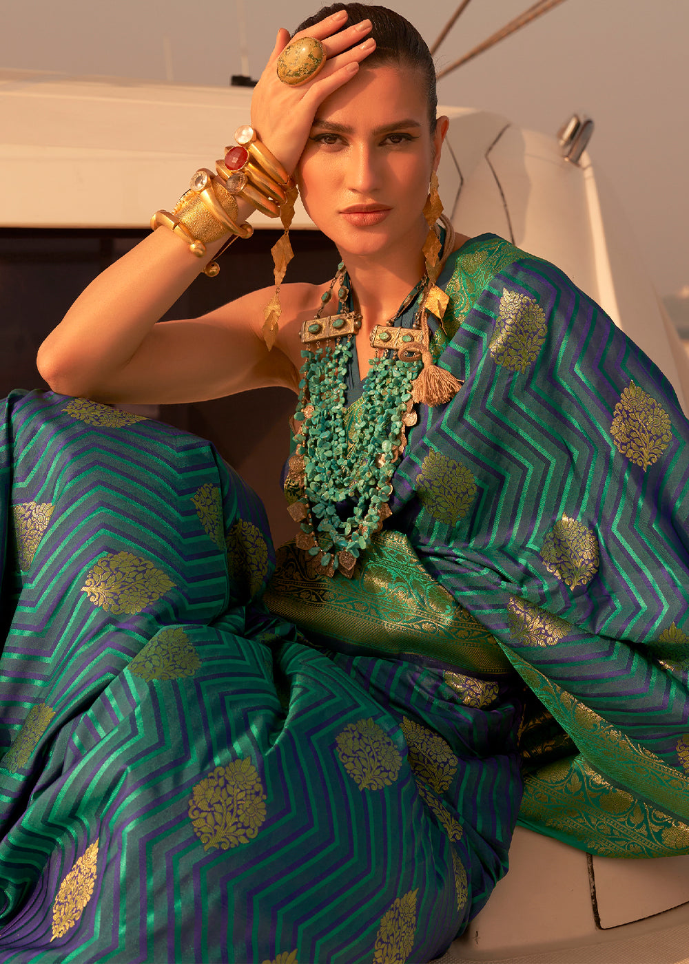 Blue & Green Two Tone Designer Satin Silk Saree - Colorful Saree