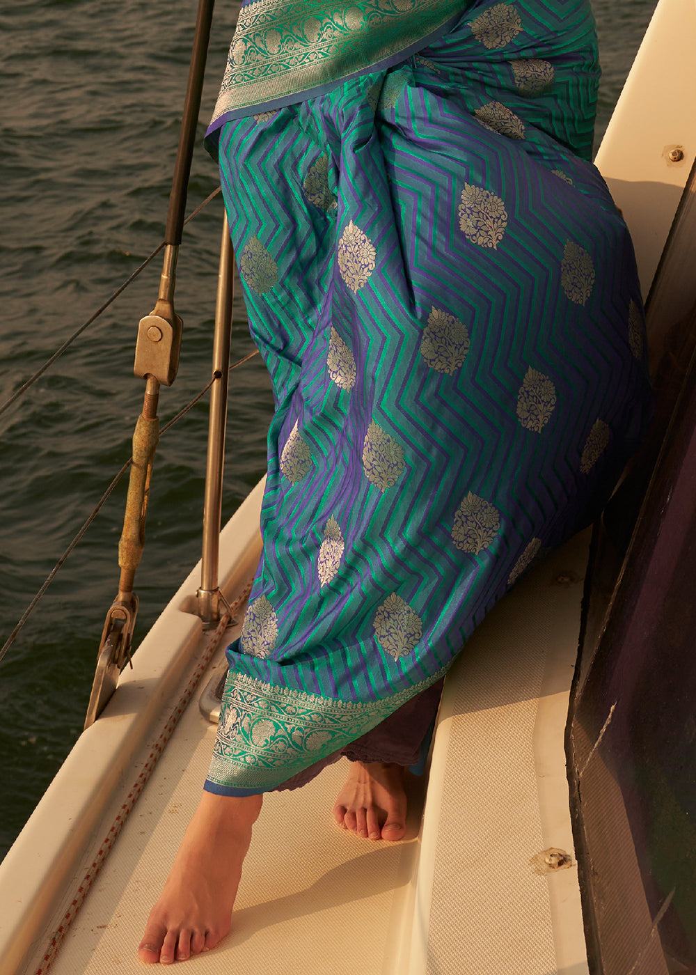 Blue & Green Two Tone Designer Satin Silk Saree - Colorful Saree