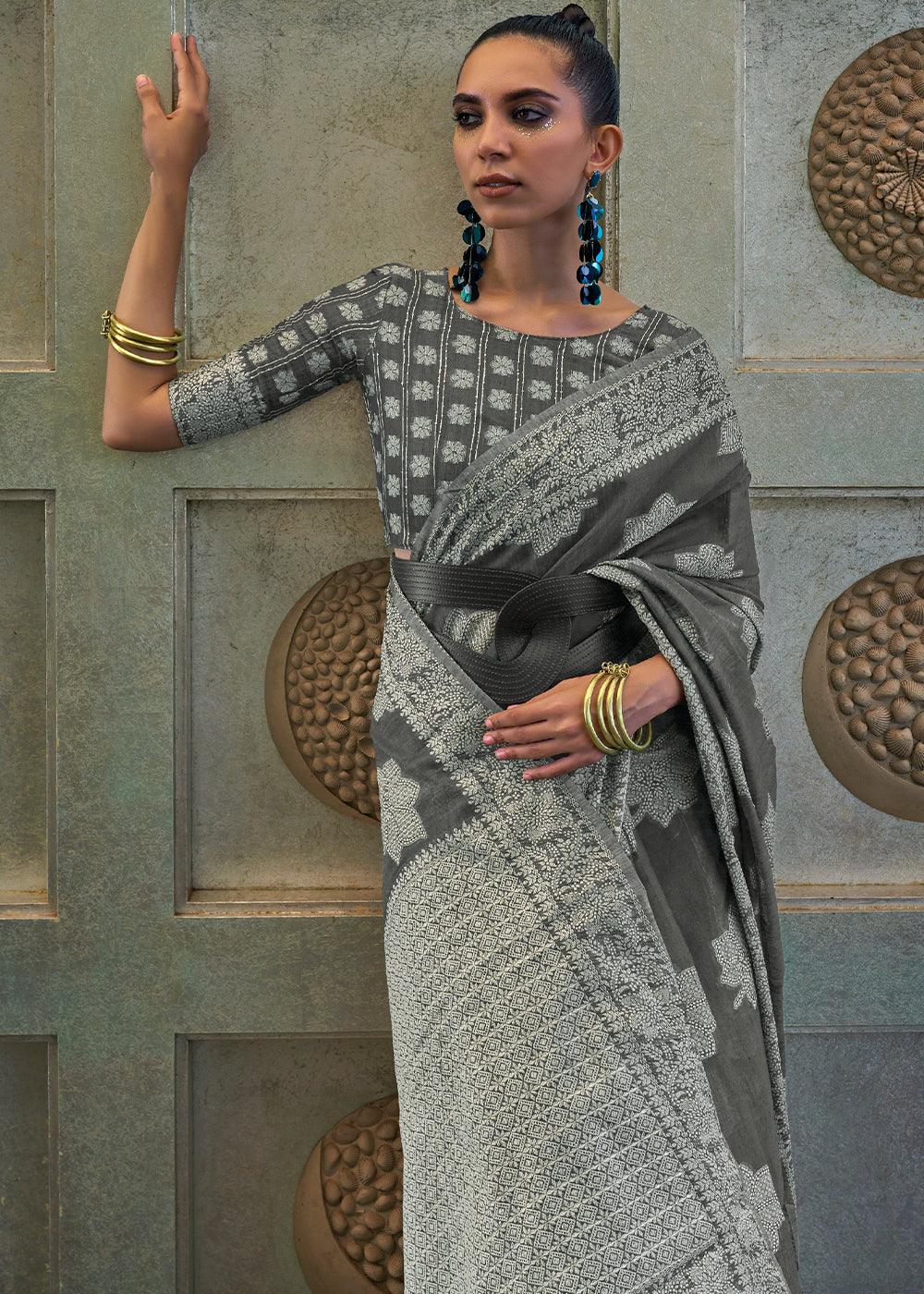 Iron Grey Chikankari Weaving Silk Saree with Sequins work - Colorful Saree