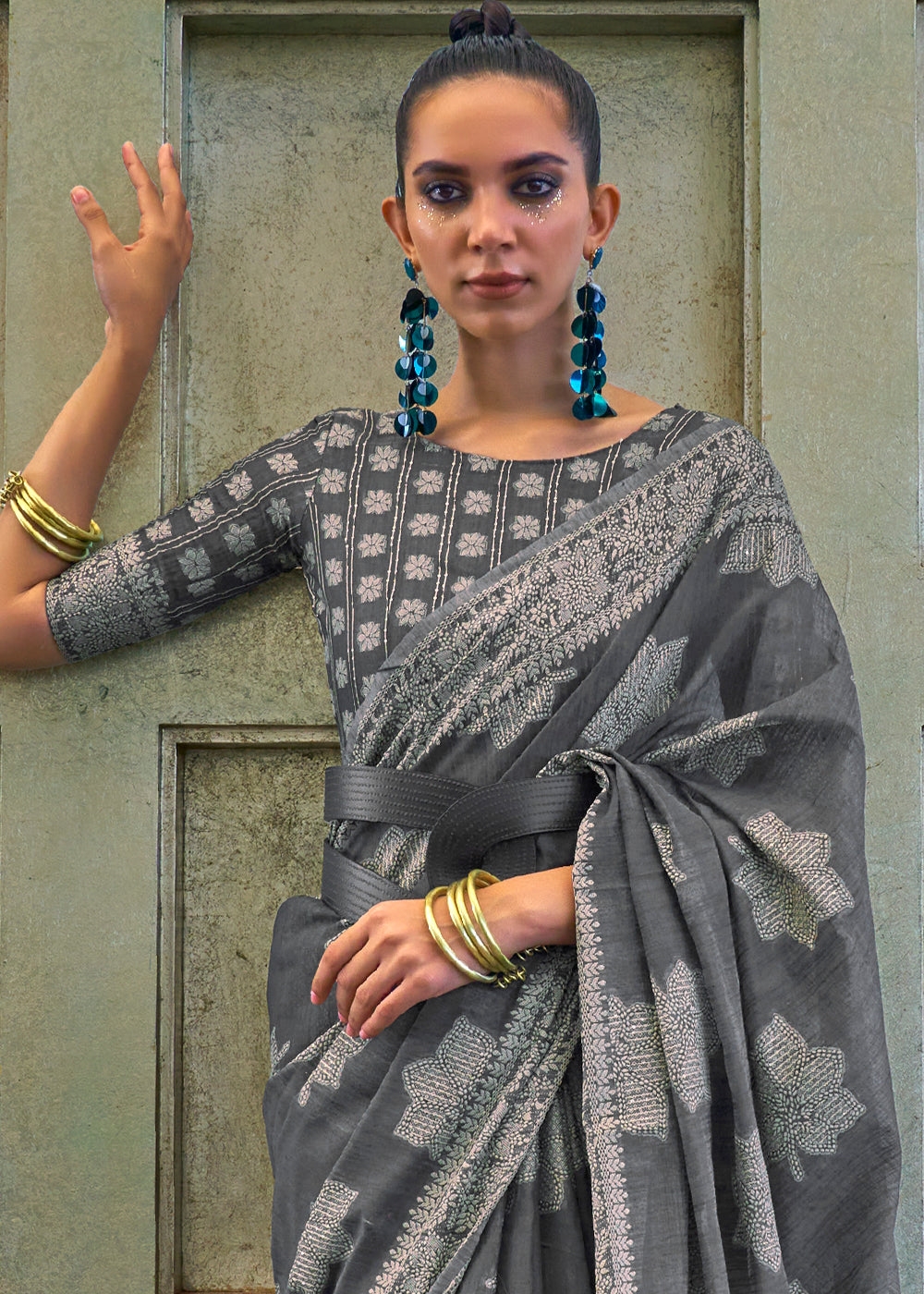 Iron Grey Chikankari Weaving Silk Saree with Sequins work - Colorful Saree