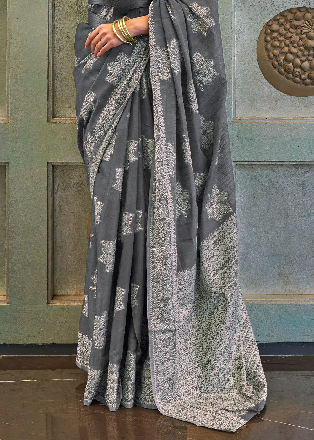 Iron Grey Chikankari Weaving Silk Saree with Sequins work - Colorful Saree