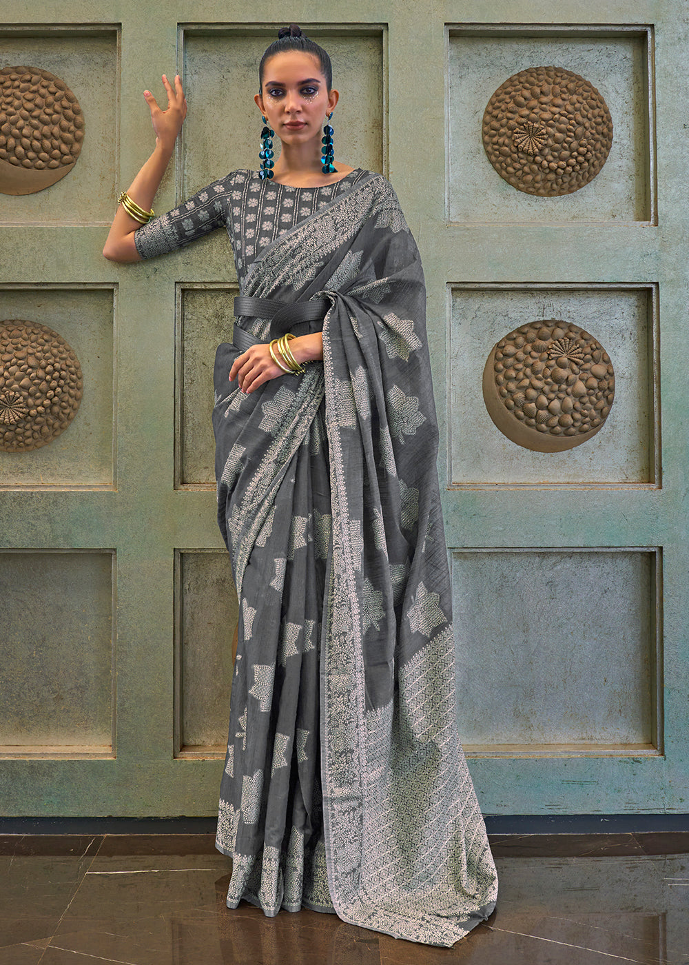 Iron Grey Chikankari Weaving Silk Saree with Sequins work - Colorful Saree