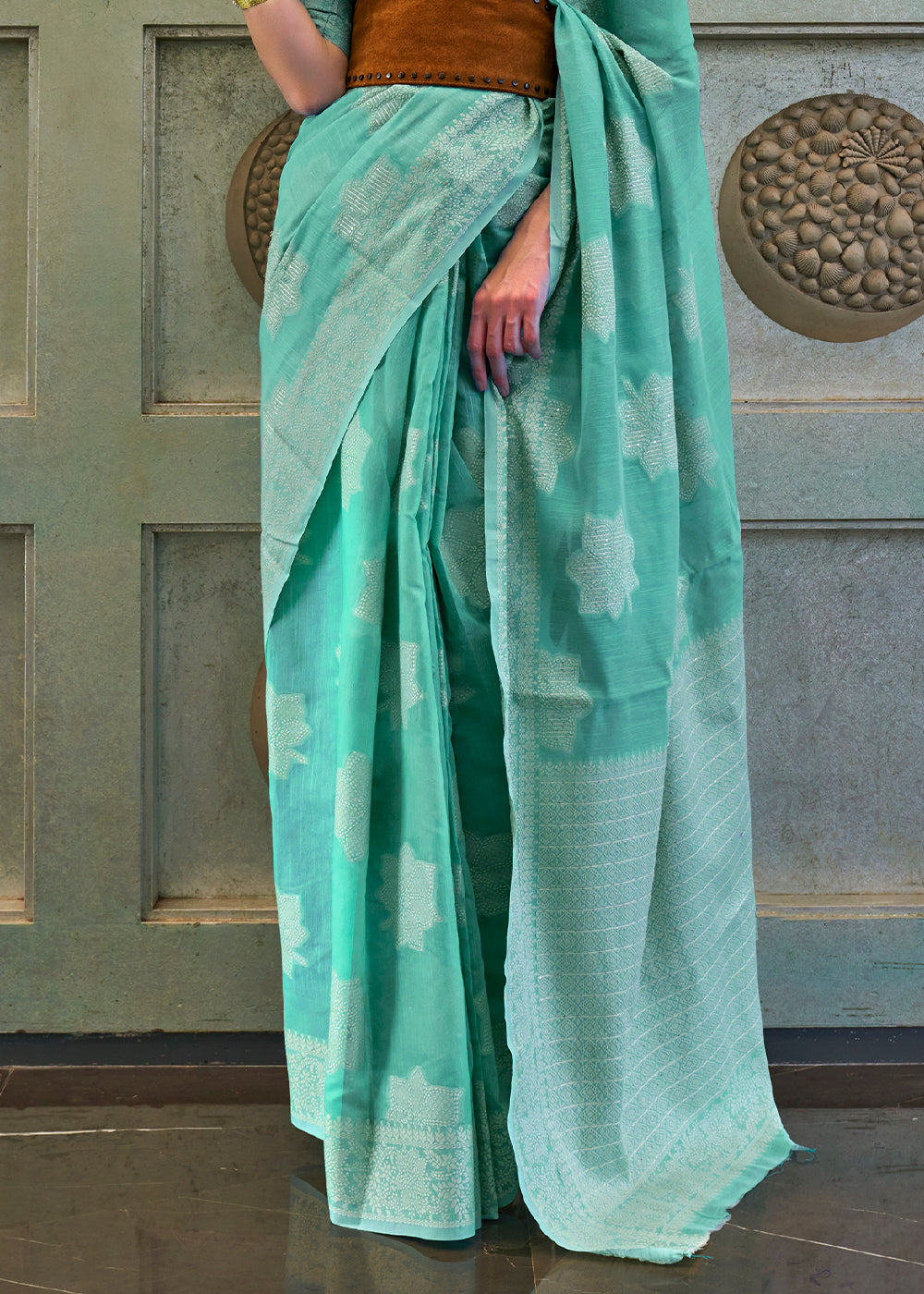 Turquoise Blue Chikankari Weaving Silk Saree with Sequins work - Colorful Saree