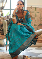 Cerulean Blue Two Tone Handloom Weaving Organza Silk Saree : Top Pick - Colorful Saree