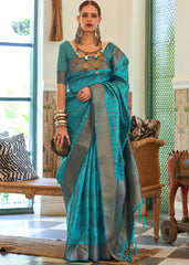 Cerulean Blue Two Tone Handloom Weaving Organza Silk Saree : Top Pick - Colorful Saree