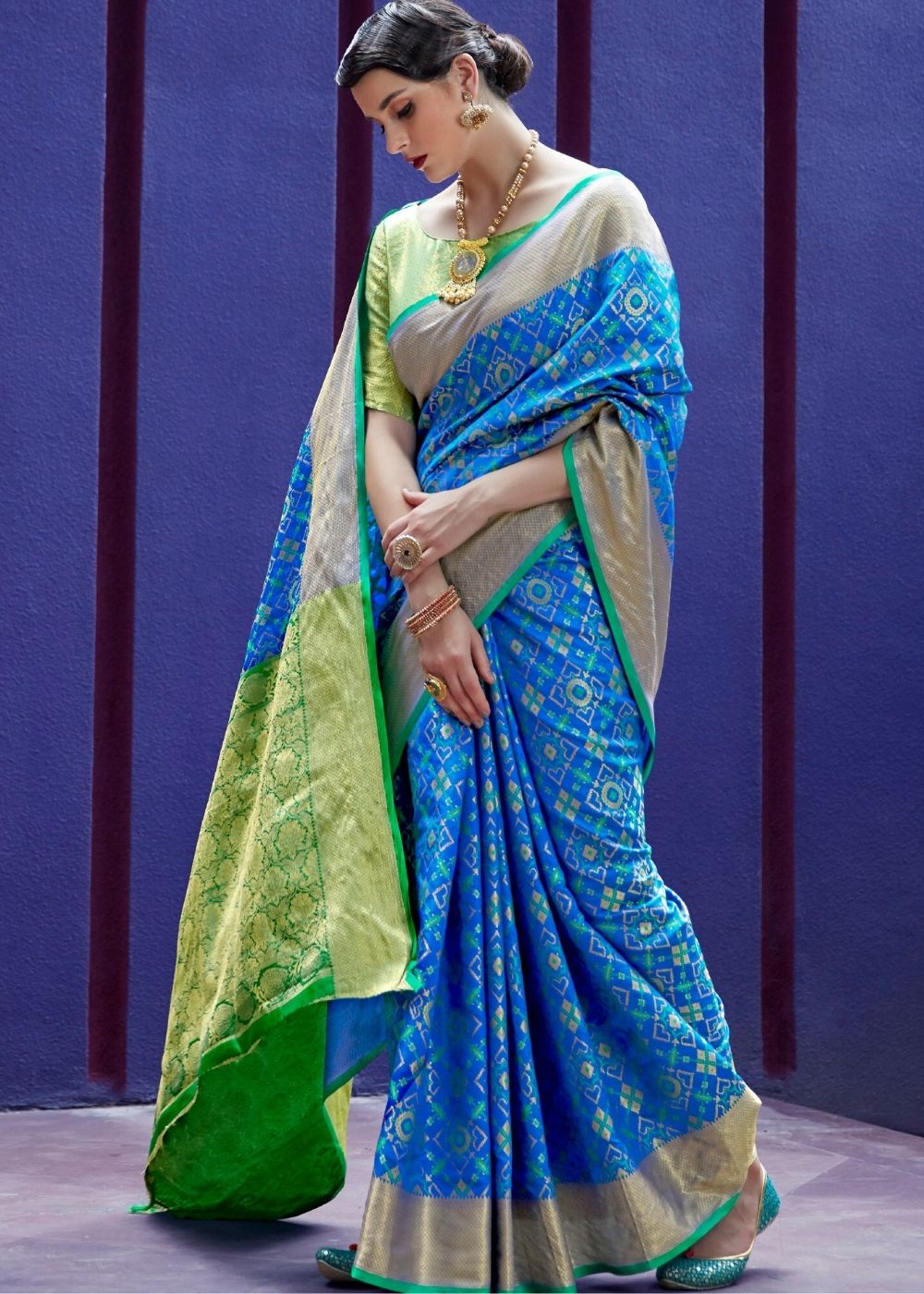 Cerulean Blue Woven Patola Silk Saree - Colorful Saree