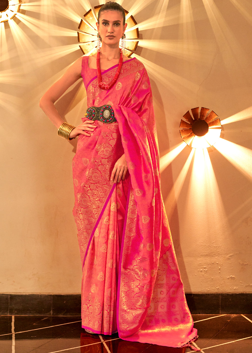 Fiery Rose Pink Handloom Woven Banarasi Silk Saree - Colorful Saree