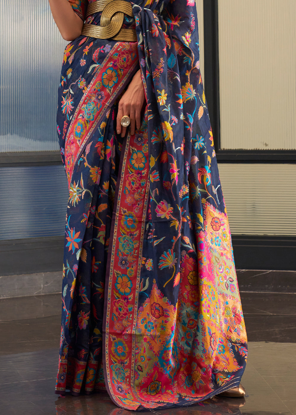 Indigo Blue Jamawar Woven Cotton Silk Saree - Colorful Saree