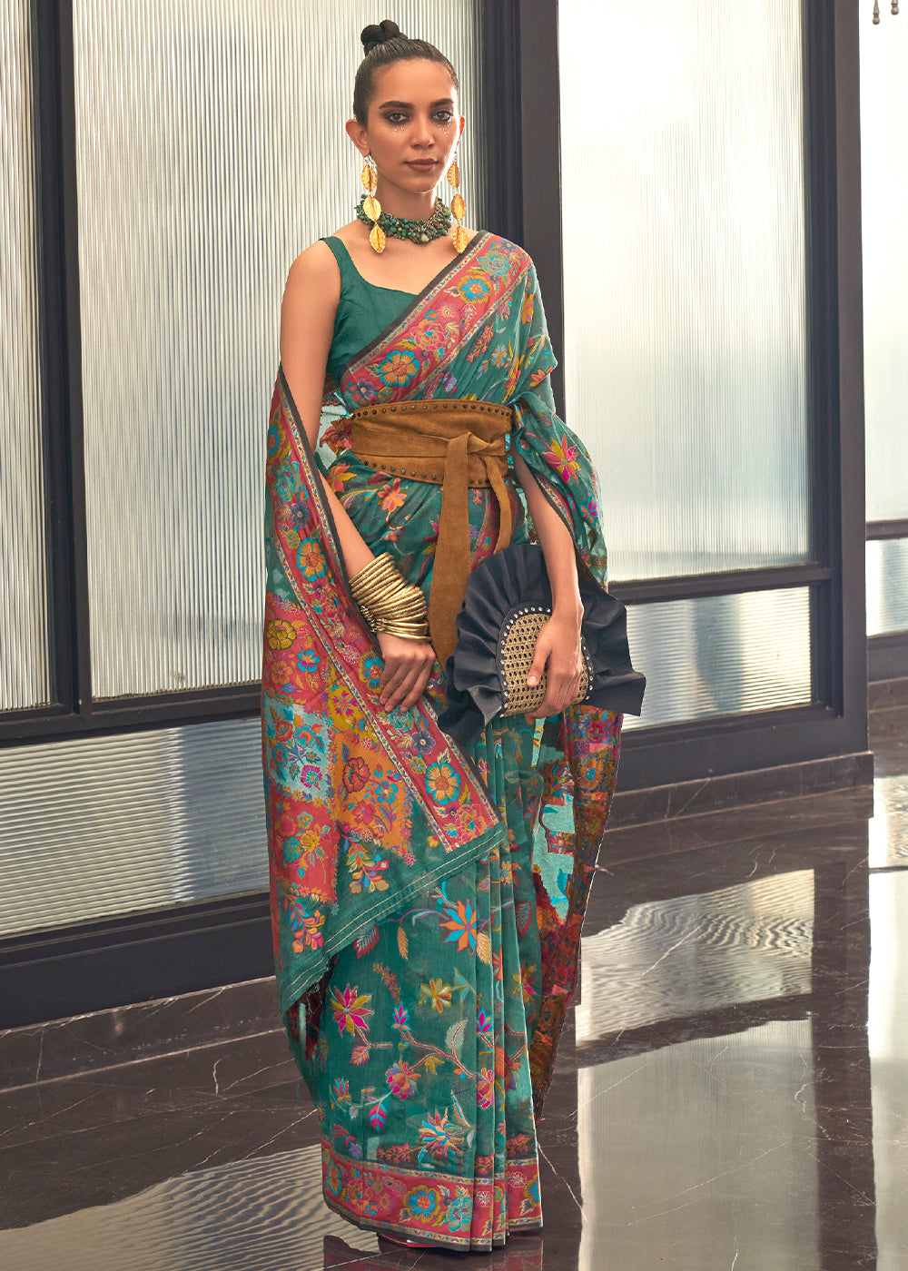 Castleton Green Jamawar Woven Cotton Silk Saree - Colorful Saree