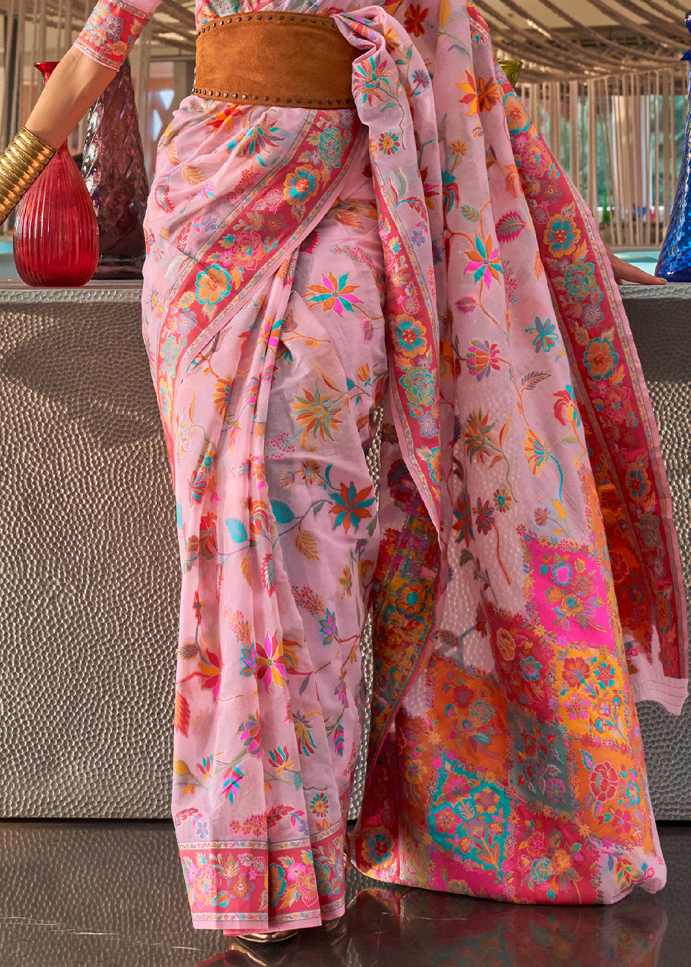 Flamingo Pink Jamawar Woven Cotton Silk Saree - Colorful Saree