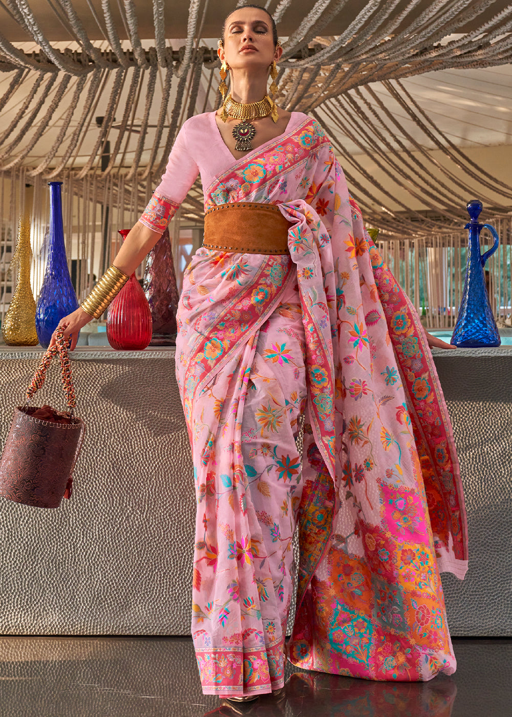 Flamingo Pink Jamawar Woven Cotton Silk Saree - Colorful Saree