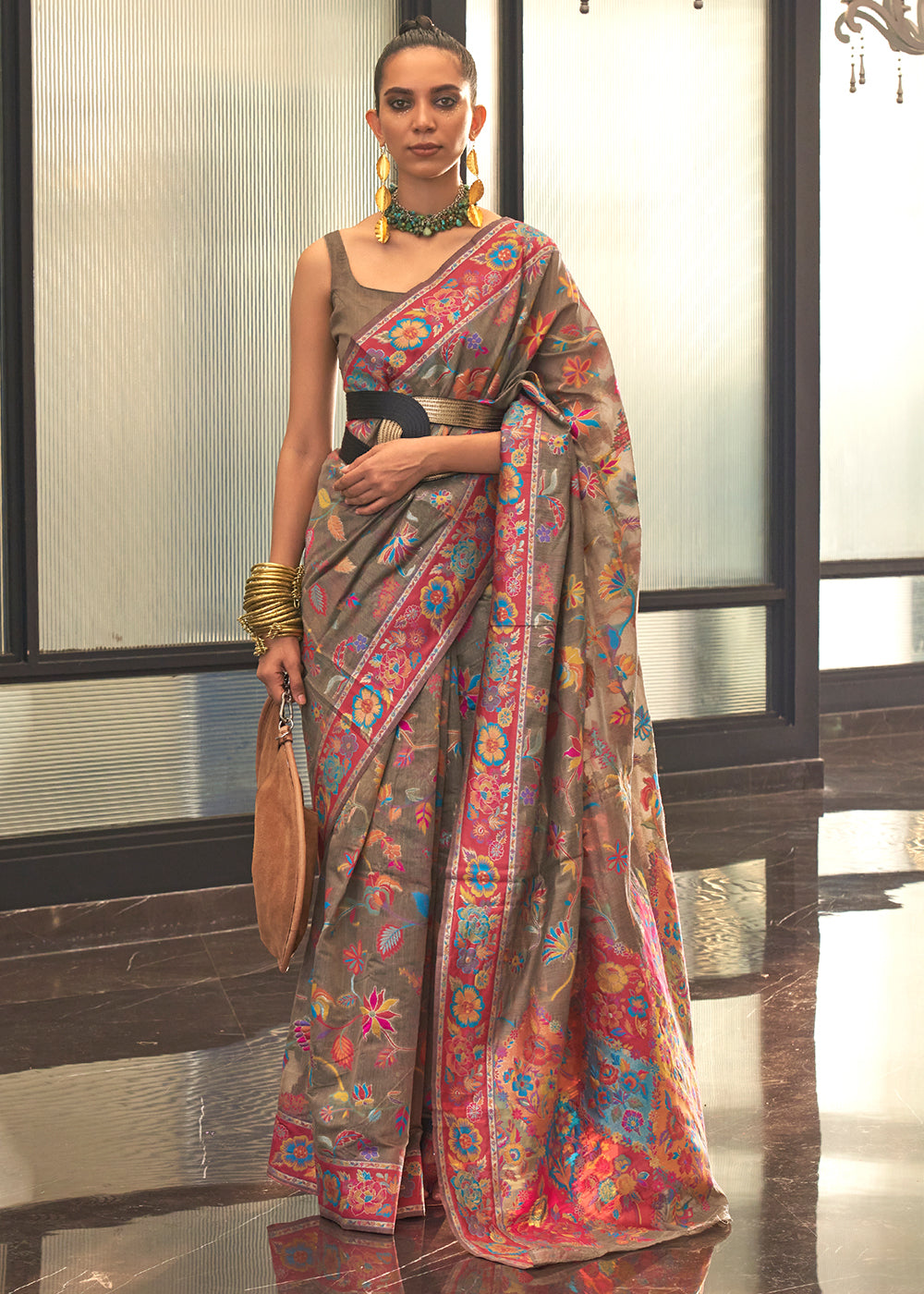 Umber Brown Jamawar Woven Cotton Silk Saree - Colorful Saree