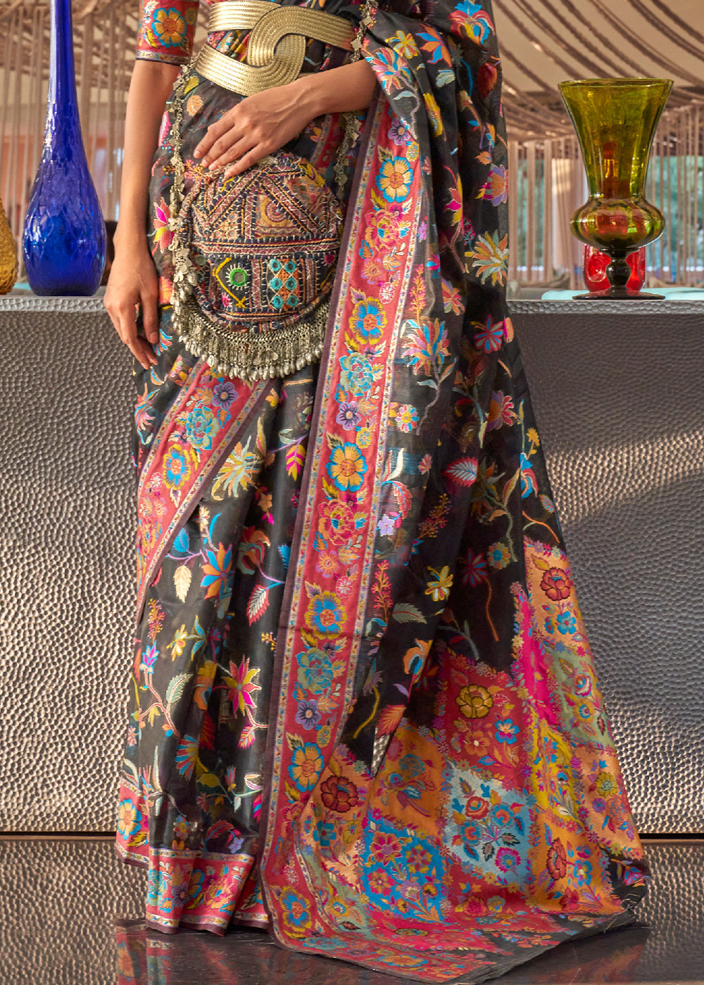 Pebble Black Jamawar Woven Cotton Silk Saree - Colorful Saree