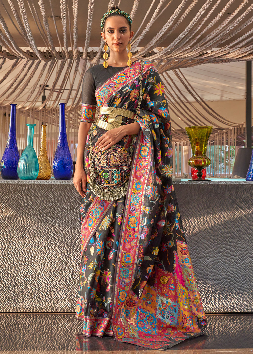 Pebble Black Jamawar Woven Cotton Silk Saree - Colorful Saree