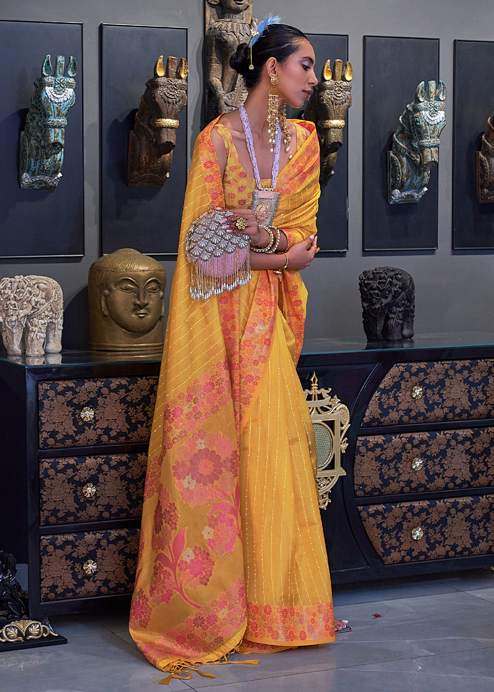 Cyber Yellow Handloom Woven Dual Tone Organza Silk Saree with Sequins Work - Colorful Saree