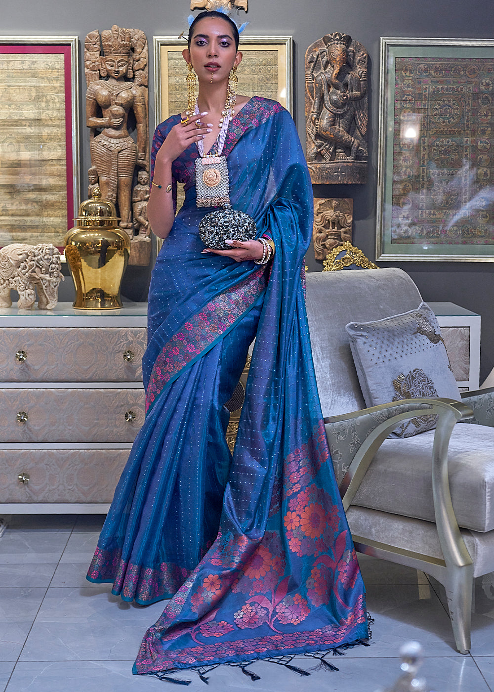 Cobalt Blue Handloom Woven Dual Tone Organza Silk Saree with Sequins Work - Colorful Saree