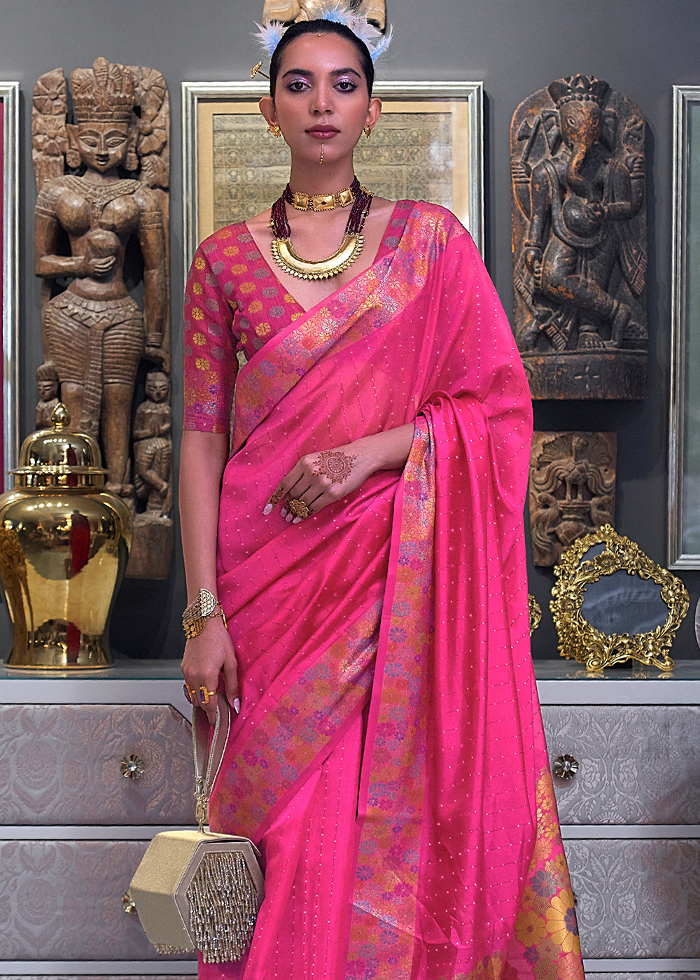 Rose Pink Handloom Woven Dual Tone Organza Silk Saree with Sequins Work - Colorful Saree