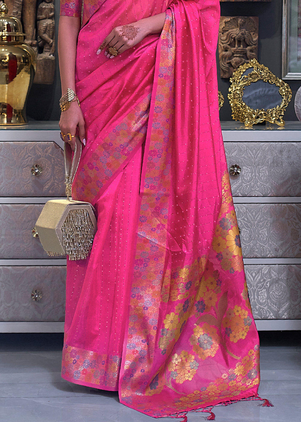 Rose Pink Handloom Woven Dual Tone Organza Silk Saree with Sequins Work - Colorful Saree