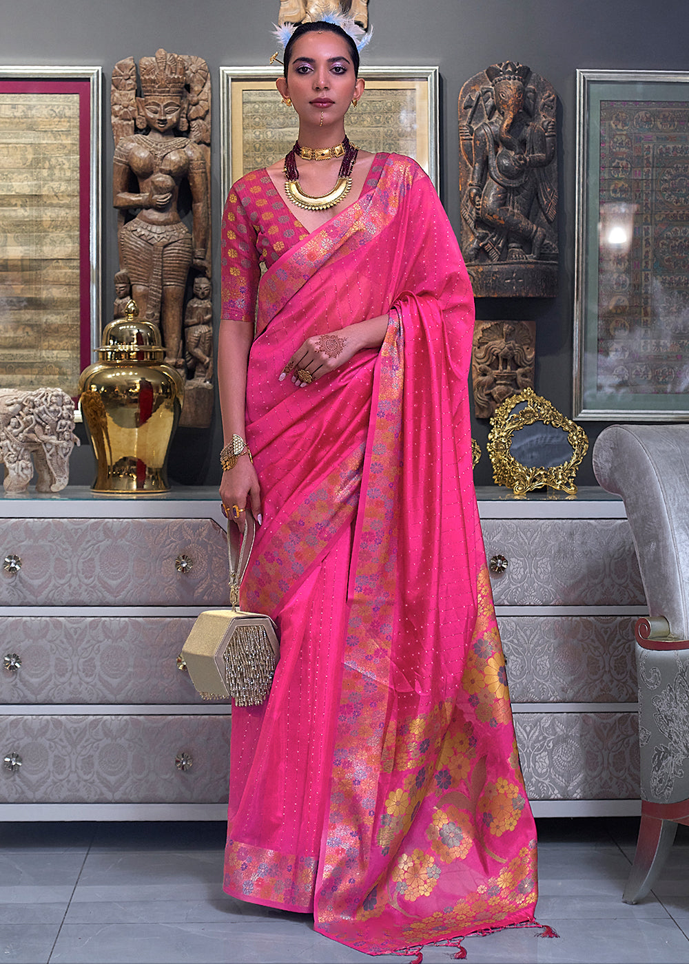 Rose Pink Handloom Woven Dual Tone Organza Silk Saree with Sequins Work - Colorful Saree