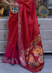 Crimson Red Handloom Woven Dual Tone Organza Silk Saree with Sequins Work - Colorful Saree
