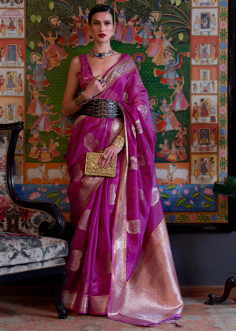 Lollipop Purple Handloom Woven Dual Tone Organza Silk Saree with Sequins Work - Colorful Saree