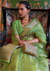 Kelly Green Handloom Woven Dual Tone Organza Silk Saree with Sequins Work - Colorful Saree