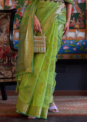 Kelly Green Handloom Woven Dual Tone Organza Silk Saree with Sequins Work - Colorful Saree