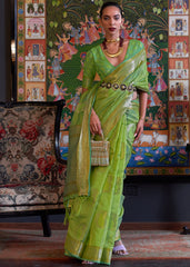 Kelly Green Handloom Woven Dual Tone Organza Silk Saree with Sequins Work - Colorful Saree