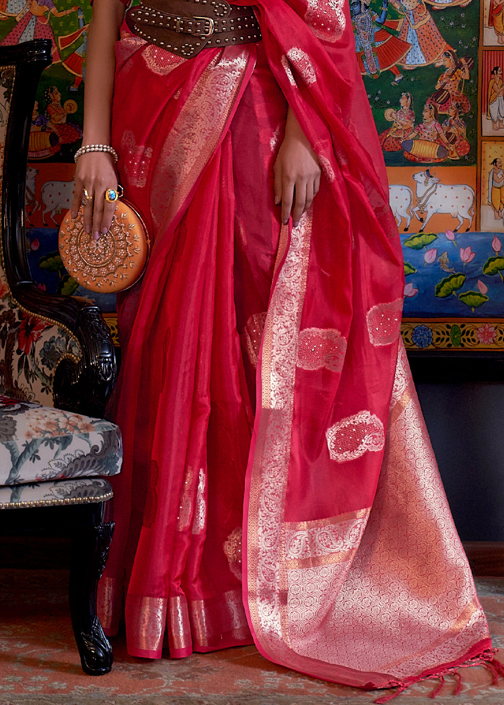 Ruby Red Handloom Woven Dual Tone Organza Silk Saree with Sequins Work - Colorful Saree