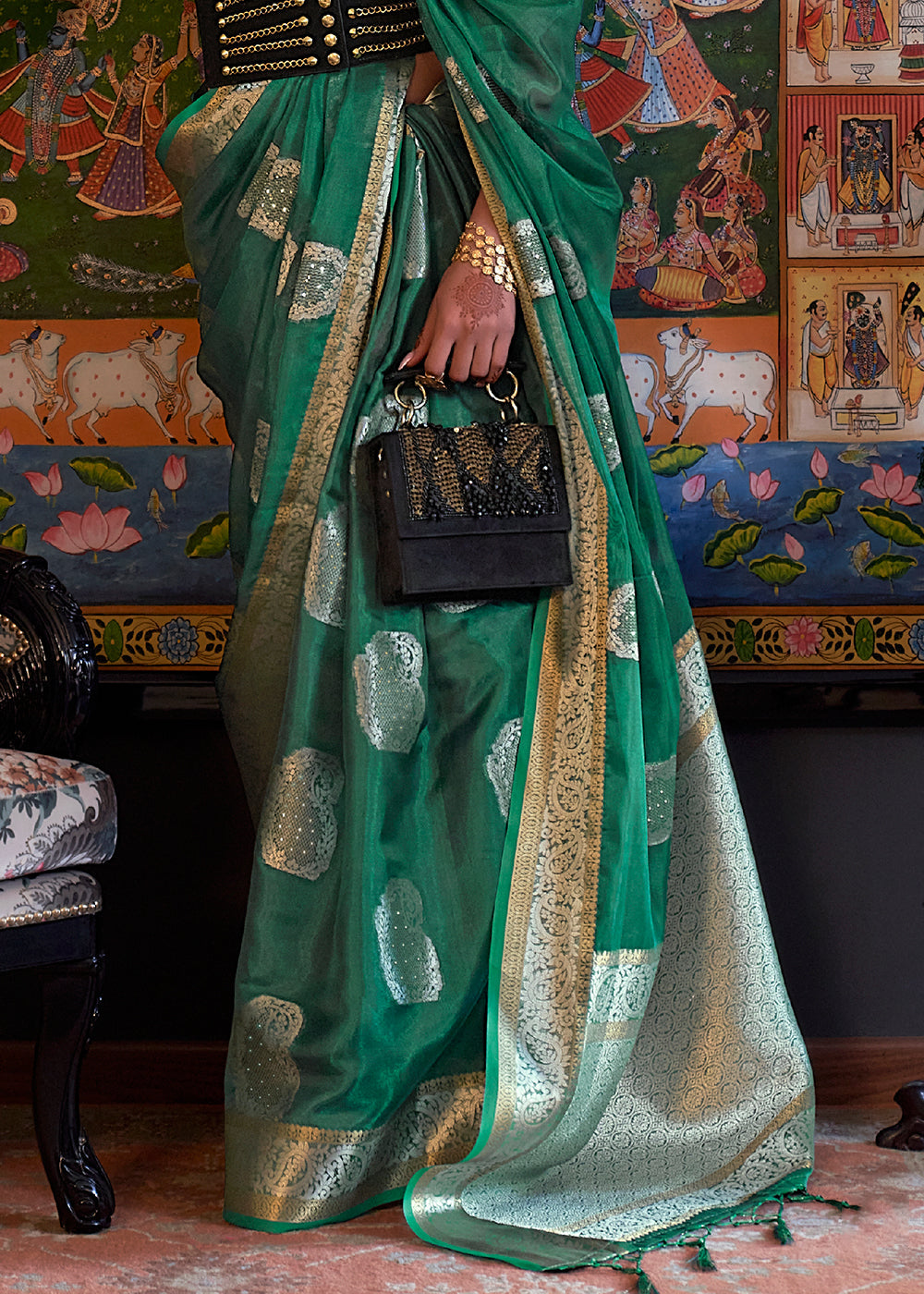 Greasy Green Handloom Woven Dual Tone Organza Silk Saree with Sequins Work - Colorful Saree