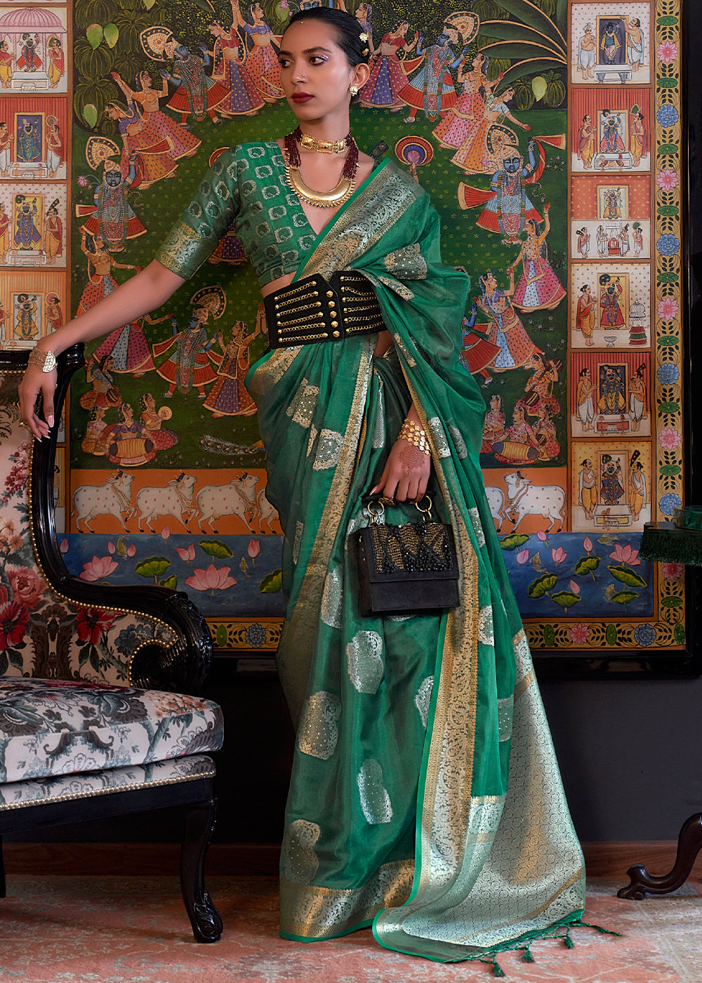 Greasy Green Handloom Woven Dual Tone Organza Silk Saree with Sequins Work - Colorful Saree
