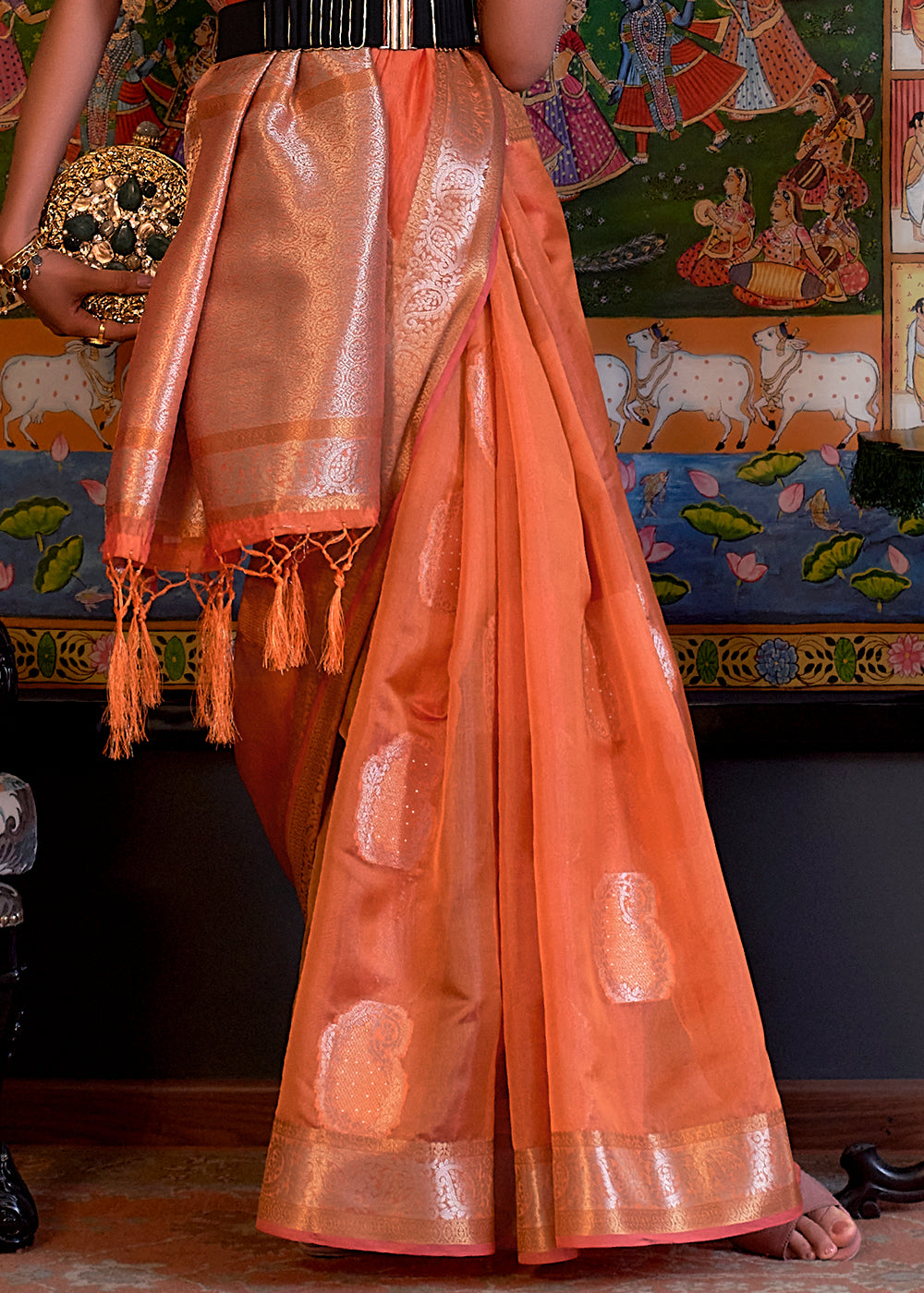 Coral Orange Handloom Woven Dual Tone Organza Silk Saree with Sequins Work - Colorful Saree