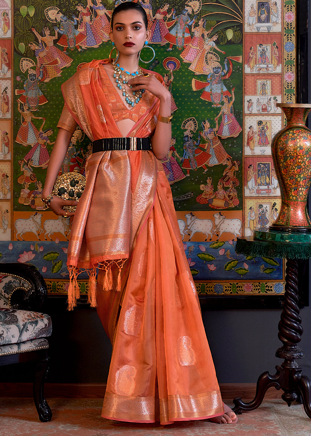 Coral Orange Handloom Woven Dual Tone Organza Silk Saree with Sequins Work - Colorful Saree