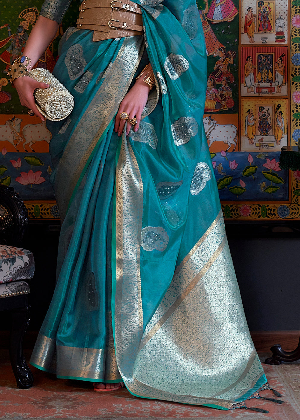 Dark Cerulean Blue Handloom Woven Dual Tone Organza Silk Saree with Sequins Work - Colorful Saree