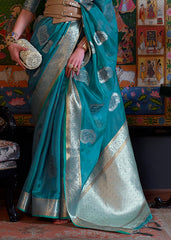 Dark Cerulean Blue Handloom Woven Dual Tone Organza Silk Saree with Sequins Work - Colorful Saree