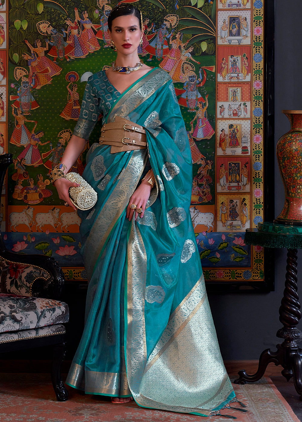 Dark Cerulean Blue Handloom Woven Dual Tone Organza Silk Saree with Sequins Work - Colorful Saree